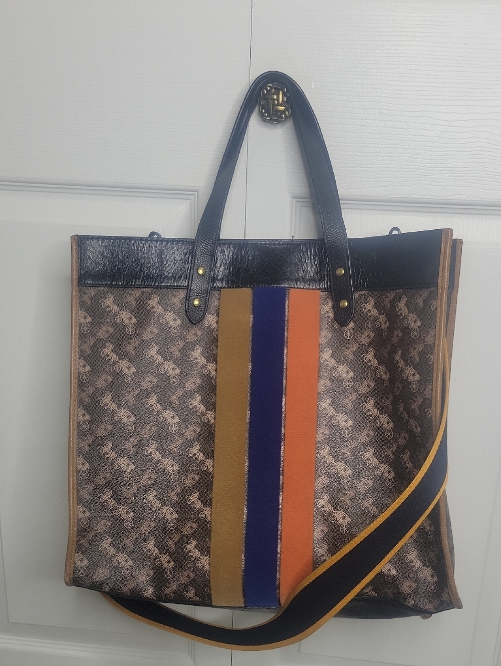 Coach Xtra Large Field Tote Monogram Tote with Blue, Orange & Mustard Stripes - Picture 3 of 12